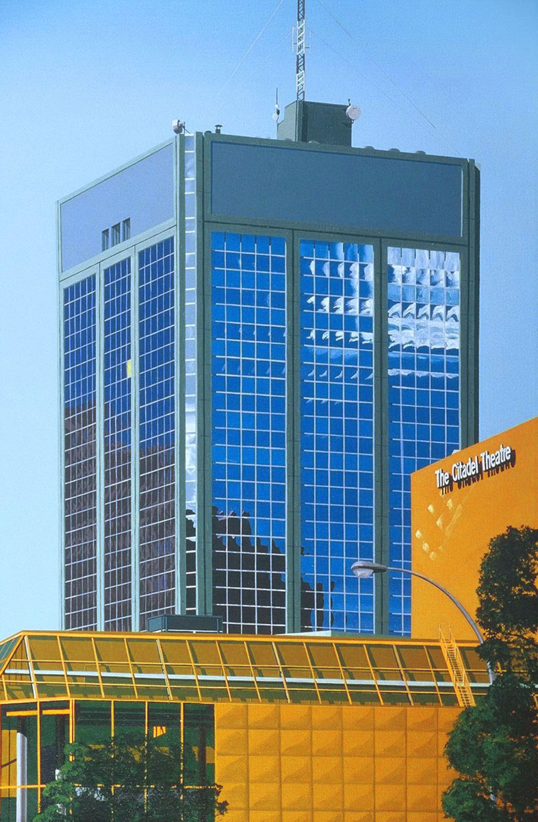 A painting of a 60s-era skyscraper with an 80s-era public theatre buildling in front.